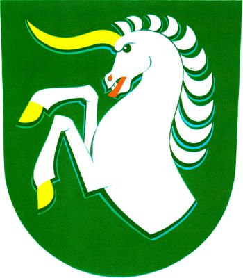 V zeleném štítě půl stříbrného jednorožce se zlatou zbrojí a červeným jazykem. Znak Radslavice