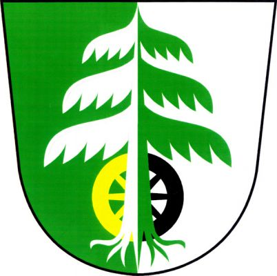 V zeleno-stříbrně polceném štítě vykořeněný smrk opačných barev s kmenem podloženým zlato-černě polceným vozovým kolem. Znak Radvanice