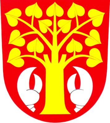 V červeném štítě zlatá lípa provázená dole stříbrnými račími klepety. Znak Rakov