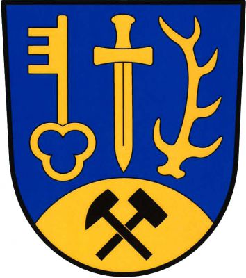 V modrém štítě nad zlatým návrším s černými hornickými kladívky vztyčený klíč, postavený meč a jelení paroh, vše zlaté. Znak Rančířov