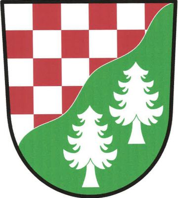 Šikmo vlnitě dělený štít, horní pole stříbrno-červeně šachované, v dolním zeleném poli dva stříbrné smrky šikmo nad sebou. Znak Rapšach