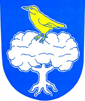 V modrém štítě na stříbrném vykořeněném listnatém stromě sedící zlatý brhlík (raška). Znak Raškovice