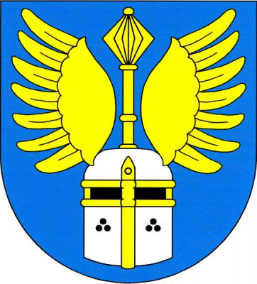 V modrém štítě stříbrná zlatě zdobená kbelíková přilba se vztyčeným palcátem mezi dvěma rozevřenými křídly, vše zlaté. Znak Rataje