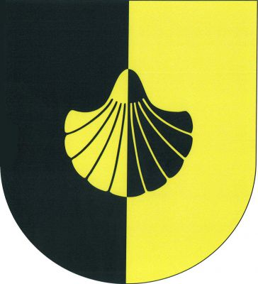 V černo-zlatě polceném štítě svatojakubská mušle opačných barev. Znak Ratenice