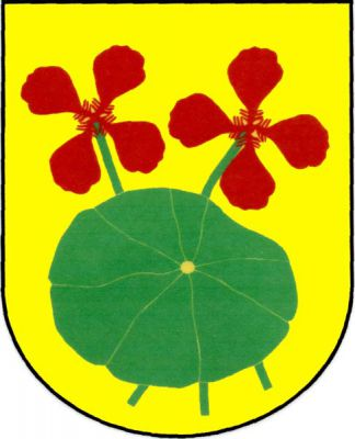 Ve zlatém štítě zelený list řeřichy se dvěma červenými květy na zelených stoncích. Znak Řeřichy