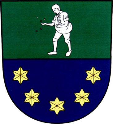 V zeleno - modře děleném štítě nahoře kráčející stříbrný rozsévač, dole do oblouku pět zlatých hvězd. Znak Rešice