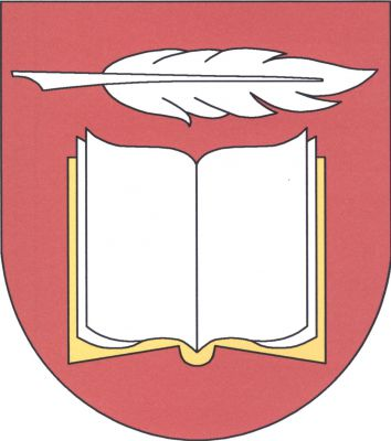 V červeném štítě doleva položený stříbrný psací brk nad rozevřenou stříbrnou knihou se zlatými deskami. Znak Řestoky
