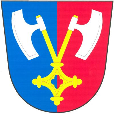 V modro - červeně polceném štítě zlatý gotický dvojklíč se stříbrnými sekyrami - bradaticemi místo zubů. Znak Říčany