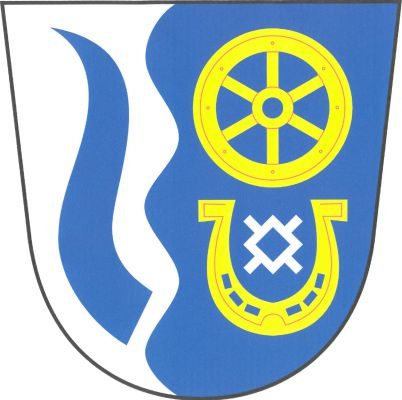 Ve stříbrno-modře vpravo vlnitě polceném štítě vpravo modrý volský roh, vlevo pod zlatým vozovým kolem obrácená zlatá podkova, v ní stříbrná kypřice. Znak Říčky