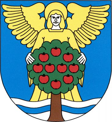V modrém štítě vyrůstá čelně ze stříbrné vlnité paty s modrým vlnitým břevnem zlatý anděl přidržující před sebou jabloň přirozené barvy s červenými plody vyrůstající z dolního okraje štítu. Znak Říkov
