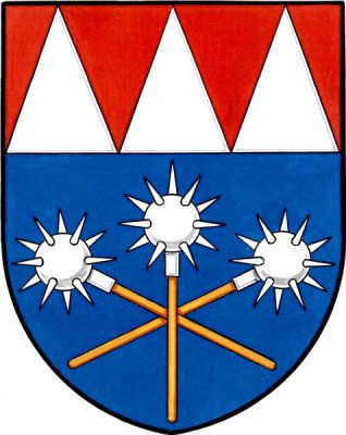 V modrém štítě pod červenou hlavou se třemi kužely tři zkřížené stříbrné řemdihy na zlatých násadách. Znak Říkovice
