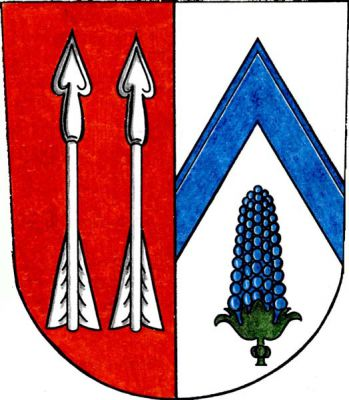 Červeno-stříbrně polcený štít, vpravo dva stříbrné šípy hroty nahoru, vlevo pod zvýšeným modrým břevnem modrá piniová šiška se zelenými listy. Znak Římov