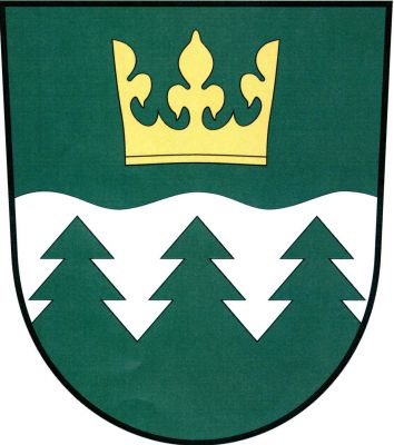Ve vlnitě děleném štítě nahoře v zeleném poli zlatá koruna, dolní pole stříbrno-zeleně dělené smrkovým řezem třemi zelenými smrky. Znak Roblín