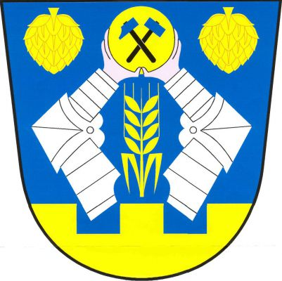 Modrém štítě nad zlatou cimbuřovou patou se třemi stínkami dvě vztyčená přivrácená stříbrná obrněná ramena držící zlatý kotouč s modrými hornickými kladívky na černých topůrkách. Uprostřed obilný klas se dvěma svěšenými listy, v koutech dvě svěšené chmelové šištice, vše zlaté. Znak Rochlov