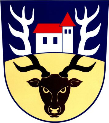 V modro - zlatě do oblouku děleném štítě jelení hlava přirozené barvy se stříbrno - černě děleným parožím. Mezi parohy na dělení stříbrný kostel s věží vlevo, s červenými střechami a prázdnými okny. Znak Rohenice