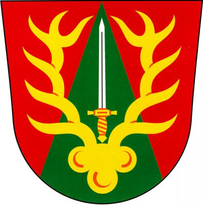 V červeném štítě se zeleným hrotem zlaté jelení paroží, v něm vztyčený stříbrný meč se zlatým jílcem. Znak Rohle