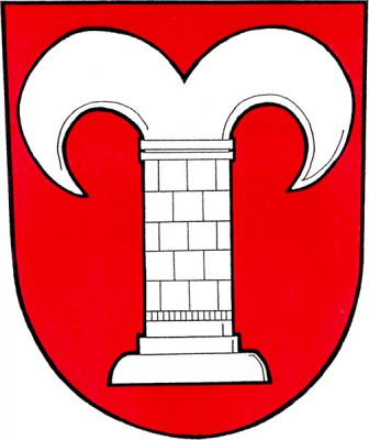 V červeném štítě stříbrná šachová figura zvaná roh. Znak Rohov