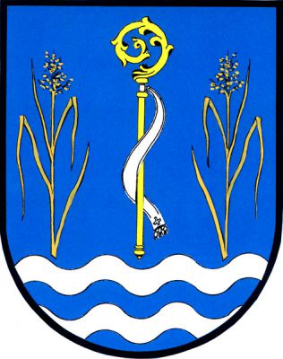 V modrém štítě nad dvěma sníženými stříbrnými vlnitými břevny zlatá berla se stříbrným sudariem provázená dvěma zlatými rákosy. Znak Rohoznice