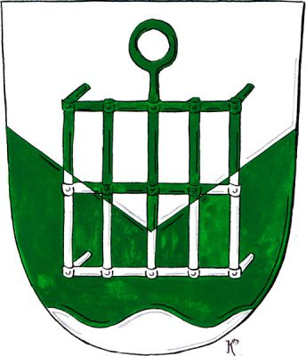 Ve stříbrno-zeleně zvýšeným klínem děleném štítě nad stříbrnou vlnitou patou postavený rošt opačných barev. Znak Rokle