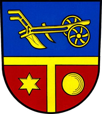 Štít dělen zúženým břevnem, nahoře v modrém poli doleva obrácený pluh s koly, v dolním červeném poli zúžený kůl provázený hvězdou a postaveným pecnem chleba, vše zlaté. Znak Ropice