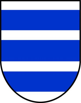 Ve stříbrném štítě tři modrá břevna. Znak Roseč
