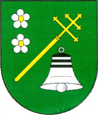 V zeleném štítě šikmý zlatý procesní patriarší kříž provázený nahoře pod sebou dvěmi stříbrnými květy se zlatými semeníky, dole černo-stříbrně děleným zvonem s kroužkem, nahoře se dvěma stříbrnými břevny. Znak Rostěnice-Zvonovice