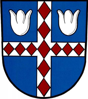 V modrém štítě stříbrný, červeně routovaný heroldský kříž, provázený nahoře dvěma stříbrnými květy tulipánu. Znak Roudno