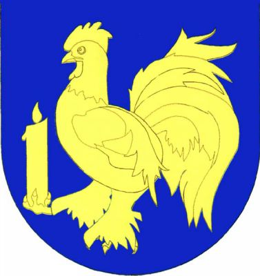 V modrém štítě kohout - plivník s rousy, držící hořící svíčku, vše zlaté. Znak Rousměrov