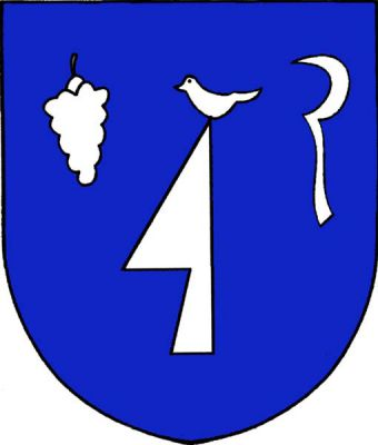 V modrém štítě vztyčená radlice s ptáčkem na hrotu, provázená vpravo vinným hroznem, vlevo vinařským nožem, vše stříbrné. Znak Rozdrojovice