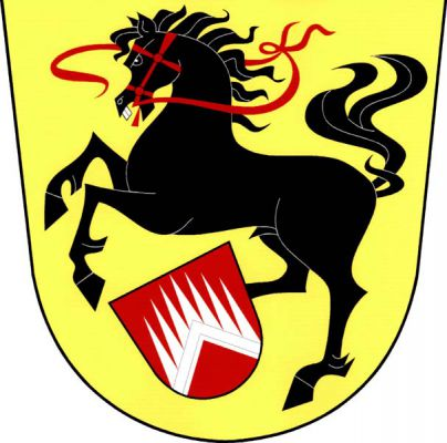Ve zlatém štítě černý kůň ve skoku s červeným jazykem a uzděním přidržující pravou zadní nohou kosmý červený štítek se stříbrným hřebenem. Znak Rozstání