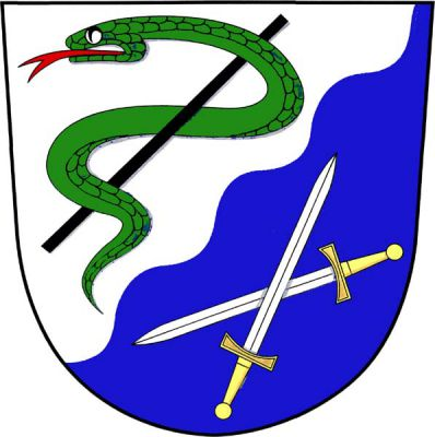 Ve stříbrno-modře šikmo vlnitě děleném štítě nahoře zelený had s červeným jazykem ovinutým kolem černé šikmé hůlky, dole dva kosmo položené zkřížené stříbrné meče se zlatými jílci. Znak Roztoky u Jilemnice
