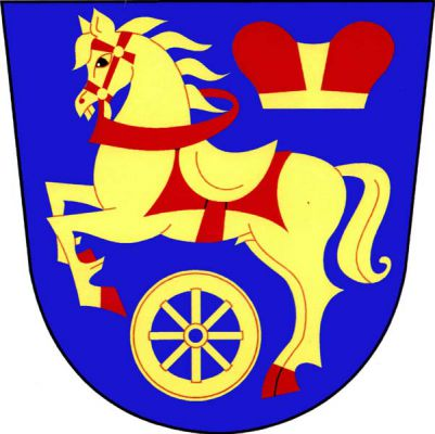 V modrém štítě zlatý kůň se zlatým sedlem, červenou zbrojí, uzděním a sedláním, vzpínající se nad zlatým vozovým kolem a provázený vlevo nahoře červenou zlatě lemovanou knížecí čepicí. Znak Rozvadov