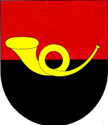 V červeno-černě děleném štítě zlatá poštovní trubka. Znak Rudná