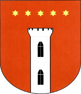 V červeném štítě vyrůstají stříbrná věž s cimbuřím se dvěma černými gotickými okny nad sebou. Nad ní pět zlatých hvězd vedle sebe. Znak Rudník