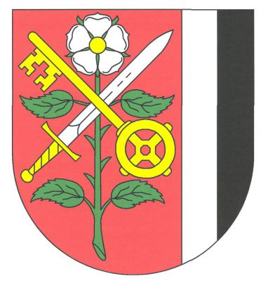 V červeném štítě se stříbrno - černě polceným levým bokem stříbrná růže se zlatým semeníkem a zelenými kališními lístky na zeleném trnitém stonku se čtyřmi listy přeloženém kosmým vztyčeným zlatým klíčem šikmo podloženým vztyčeným stříbrným mečem se zlatým jílcem. Znak Růžová