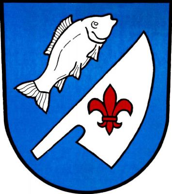 V modrém štítě šikmo položená stříbrná ryba, pod ní na šikmo vztyčené stříbrné radlici červená lilie. Znak Rybí