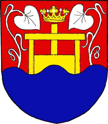 V červeno-modře vlnitě děleném štítě nahoře vyrůstající zlaté stavidlo převýšené zlatou korunou a provázené dvěma vyrůstajícími přivrácenými stříbrnými lekny. Znak Rybník