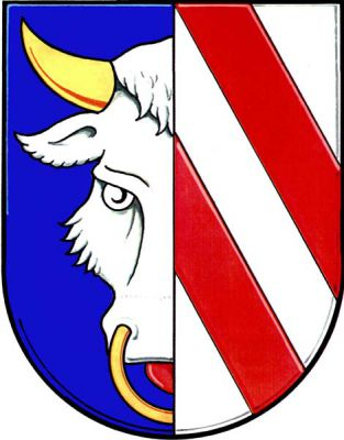 Polcený štít, v pravém modrém poli polovina stříbrné býčí hlavy s červeným jazykem, zlatým rohem a kruhem v nozdrách. Levé pole 4x stříbrno-červeně kosmo dělené. Znak Rymice