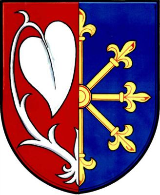 V červeno-modře polceném štítě vpravo vyrůstá z dělící čáry stříbrné lekno, vlevo přiléhá půl zlatého klévského kola. Znak Rynárec