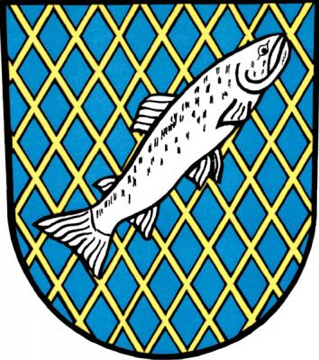 V modrém zlatě mřežovaném štítě stříbrná šikmo položená ryba. Znak Ryžoviště