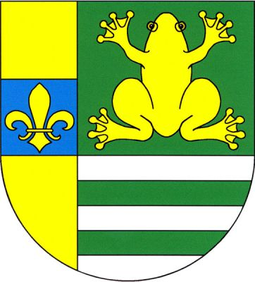 Štít vpravo polcený, v pravém zlatém poli modré břevno se zlatou lilií, levé pole zeleno stříbrně sníženě dělené, nahoře zlatá žába, dole dvě zelená břevna. Znak Šabina