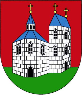 V zeleném trávníku červeného štítu polygonální kostel s vchodem a oknem v průčelí, dvěma okny v bočních zdech, stanovou střechou s polygonální věžičkou se stanovou střechou. Zleva přiléhá ke kostelní zdi hranolová věž, v průčelí s vchodem a dvěma okny nad sebou, v boční zdi dvěma okny nad sebou a sedlovou střechou. Stavba je stříbrná kvádrovaná, černé gotické vchody a gotická okna s kružbami a pruhy, střechy modré se zlatými makovicemi a křížky. Znak Sadská
