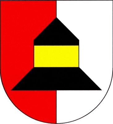 V červeno-stříbrně polceném štítě černo-zlato-černě dělený železný klobouk. Znak Šanov