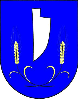V modrém štítě stříbrná postavená radlice mezi dvěma dole zkříženými prohnutými zlatými obilnými klasy. Znak Šanov