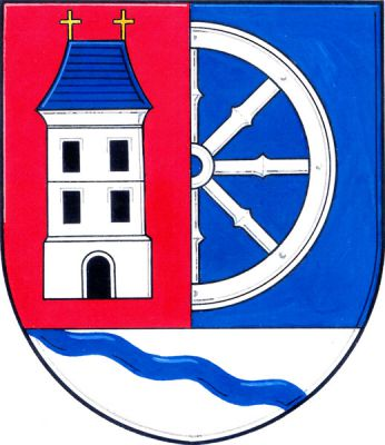 Červeno-modře polcený štít se stříbrnou patou, v ní kosmé modré vlnité břevno. Vpravo stříbrná dvoupatrová věž s černou prolomenou branou, čtyřmi okny a modrou valbovou střechou se dvěma zlatými křížky. Vlevo půl stříbrného vozového kola vynikajícího z poltící linie. Znak Šaratice
