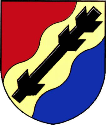 Červeno-modře zlatým šikmým vlnitým břevnem s černou ostrví dělený štít. Znak Sázava