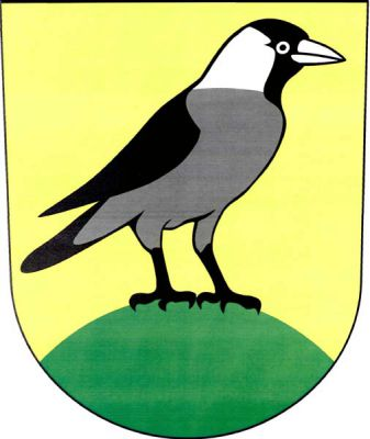 Ve zlatém štítě na zeleném návrší doleva obrácená kavka přirozené barvy. Znak Sazomín