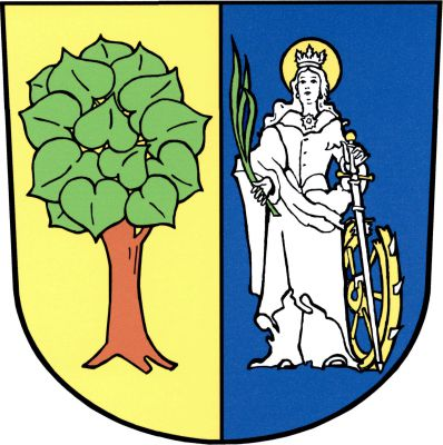 Ve zlato - modře polceném štítě vpravo vykořeněná lípa přirozené barvy, vlevo čelně stojící sv. Kateřina ve stříbrném šatě, držící v pravé ruce zelenou palmovou ratolest, levou rukou kosmo postavený stříbrný meč se zlatou záštitou a hlavicí, u levé nohy zlaté rozlomené kolo se stříbrnými noži. Znak Šebrov-Kateřina