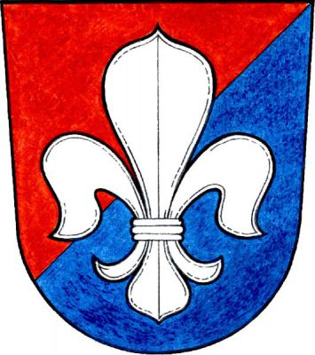 V červeno-modře šikmo děleném štítě stříbrná lilie. Znak Sedlec