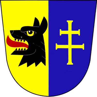 Ve zlato-modře polceném štítě vpravo utržená černá vlčí hlava s červeným jazykem, vlevo zlatý patriarší kříž. Znak Sedliště